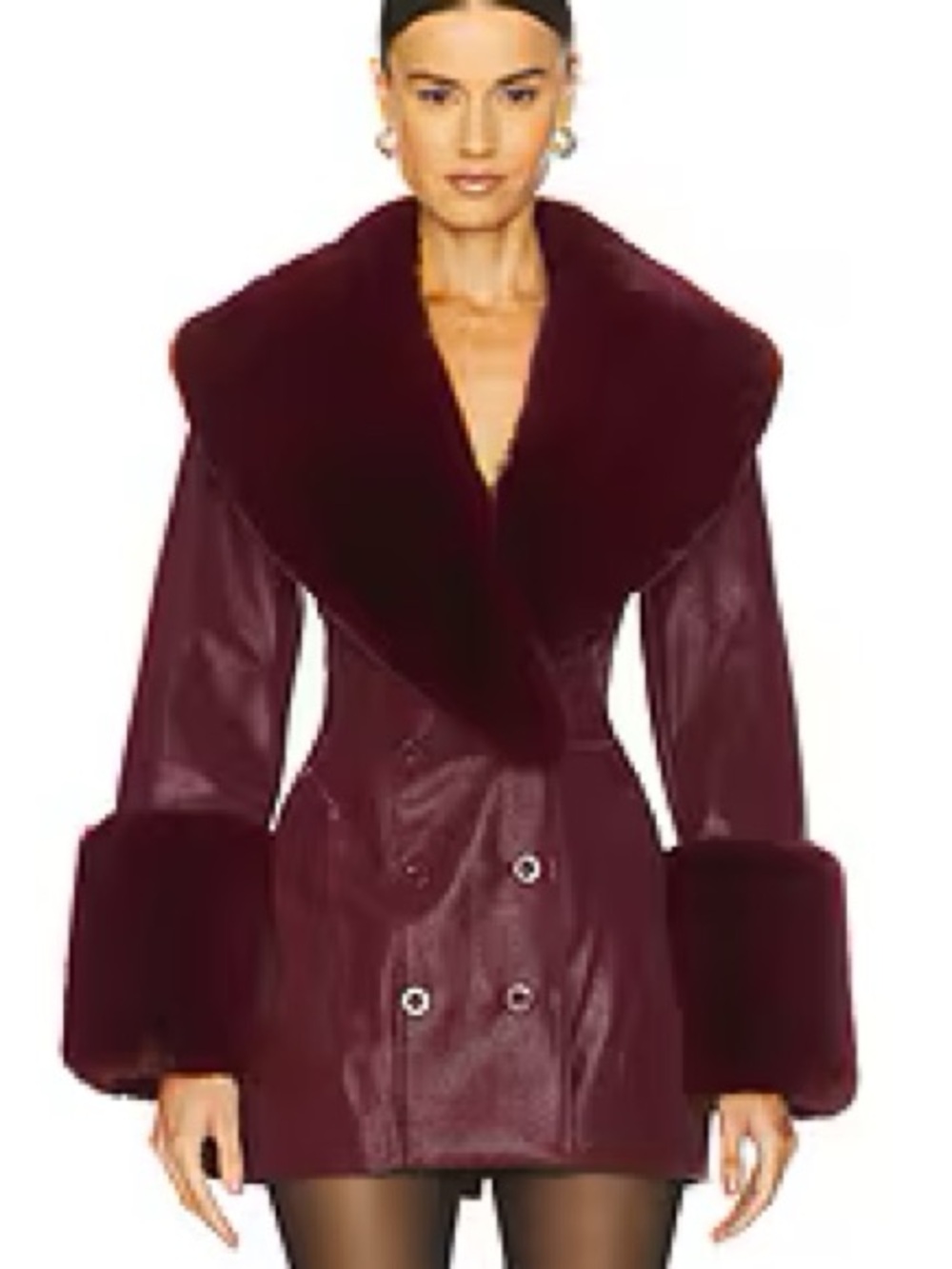 Women's Burgundy Faux-Fur Trim Double-Breasted Leather Jacket